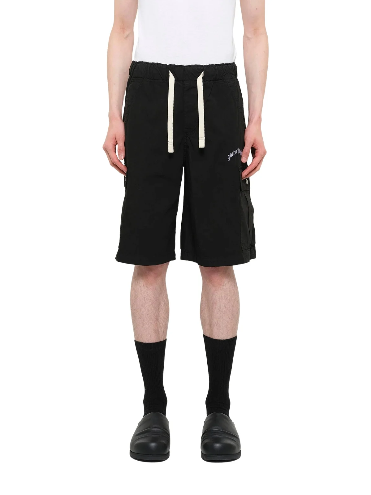 Curved Logo Loose Cargo Short in Black/off White Curved Logo Loose Cargo Short in Black/off White
