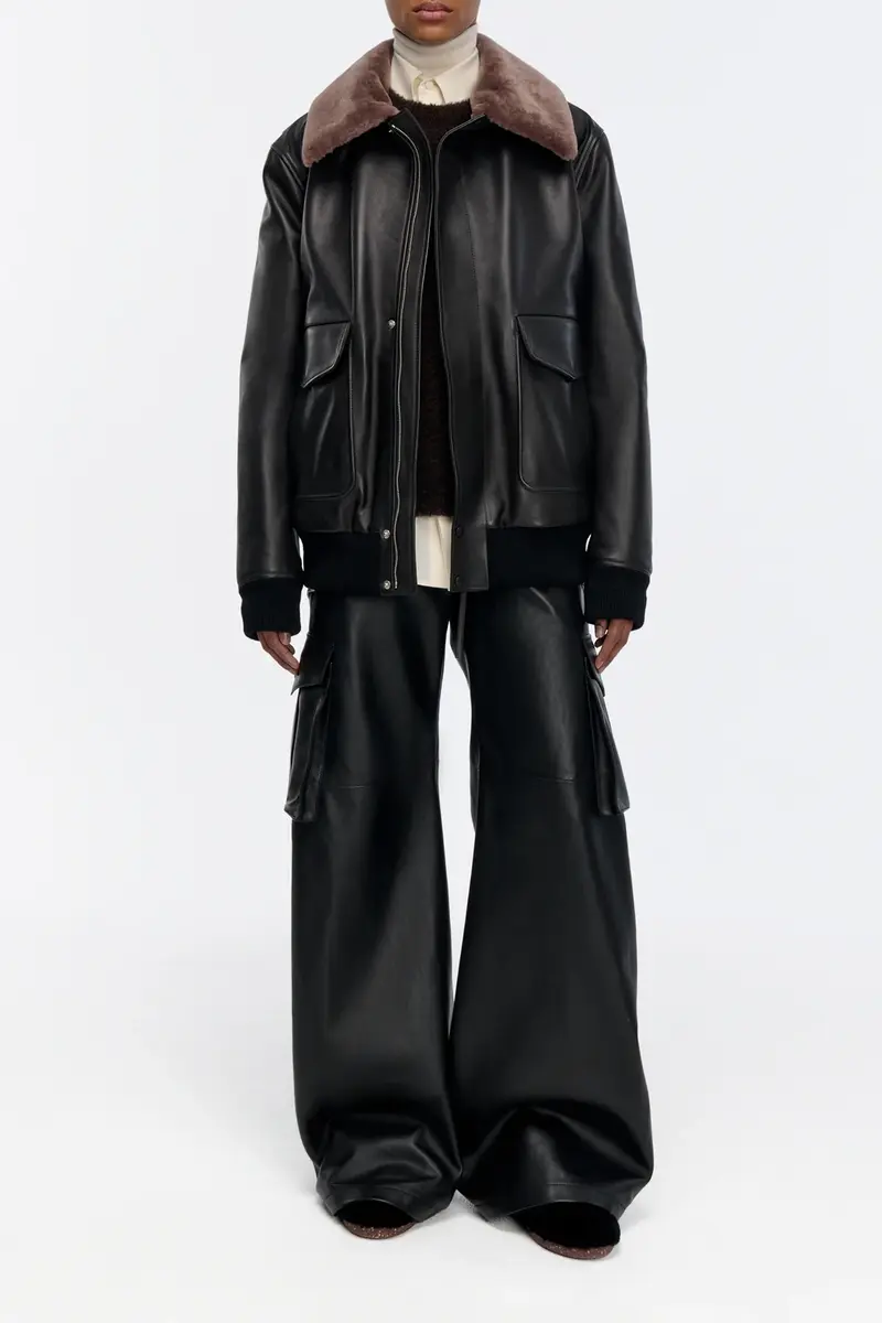 Gabriela Hearst Grant Bomber Jacket in Black Leather with Shearling Collar | Thumbnail 3 Gabriela Hearst Grant Bomber Jacket in Black Leather with Shearling Collar | Thumbnail 3