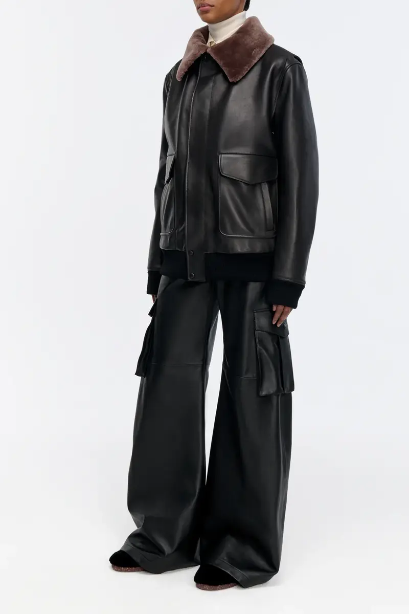 Gabriela Hearst Grant Bomber Jacket in Black Leather with Shearling Collar | Thumbnail 4 Gabriela Hearst Grant Bomber Jacket in Black Leather with Shearling Collar | Thumbnail 4