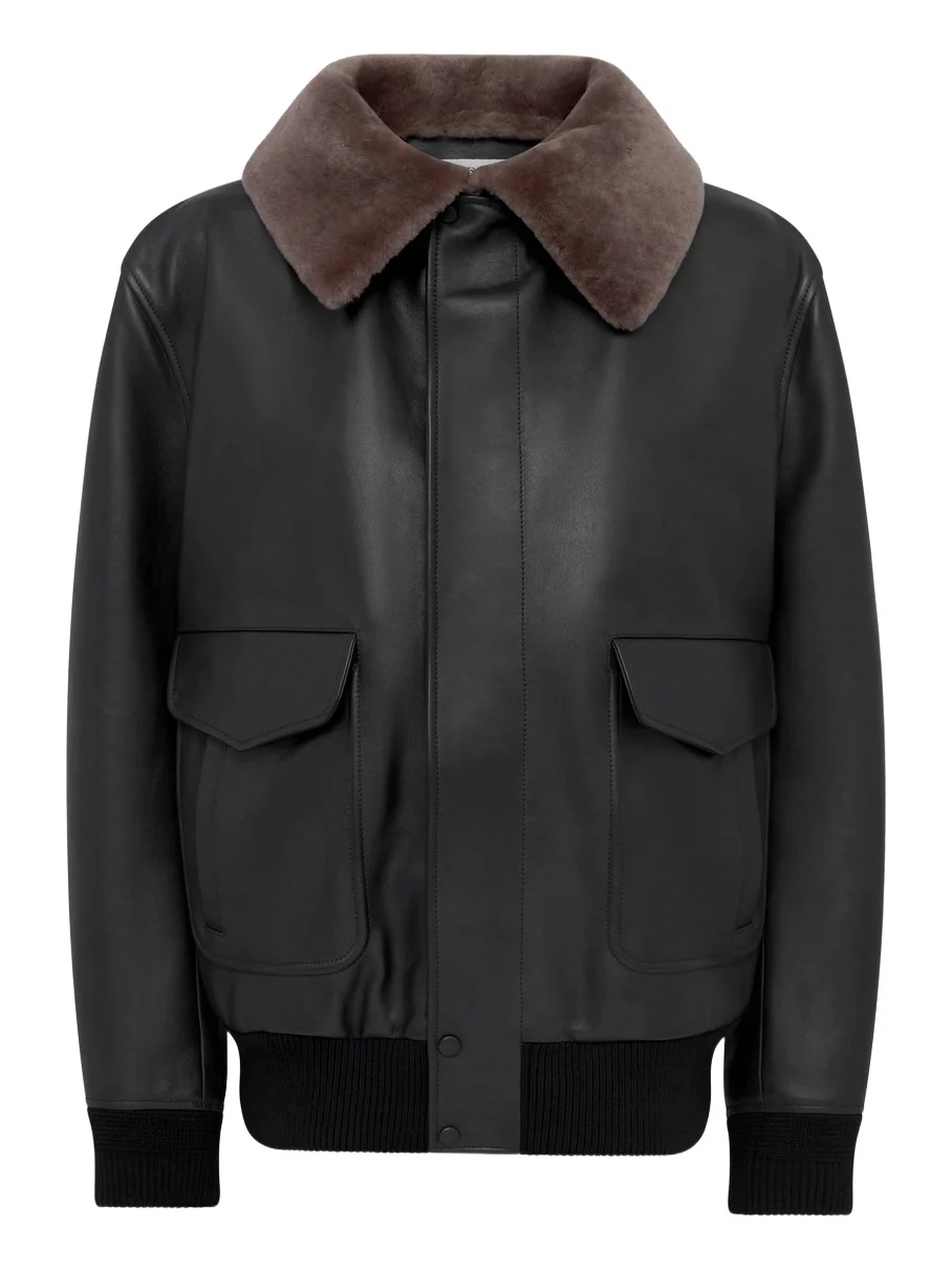Gabriela Hearst Grant Bomber Jacket in Black Leather with Shearling Collar