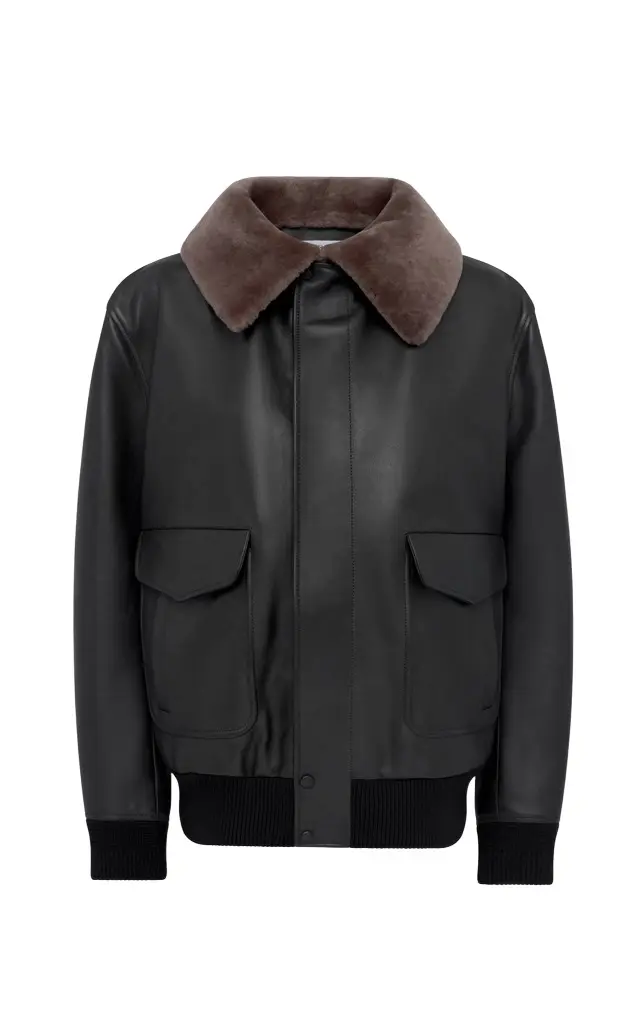 Gabriela Hearst Grant Bomber Jacket in Black Leather with Shearling Collar