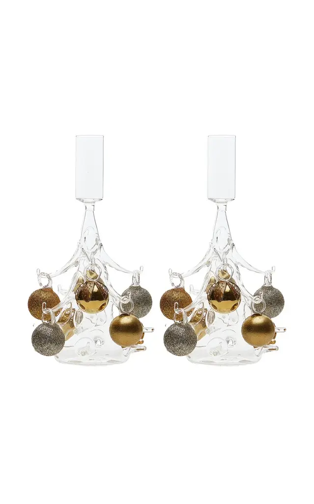 Set-of-Two Handmade Glass Christmas Tree Candlesticks Set-of-Two Handmade Glass Christmas Tree Candlesticks