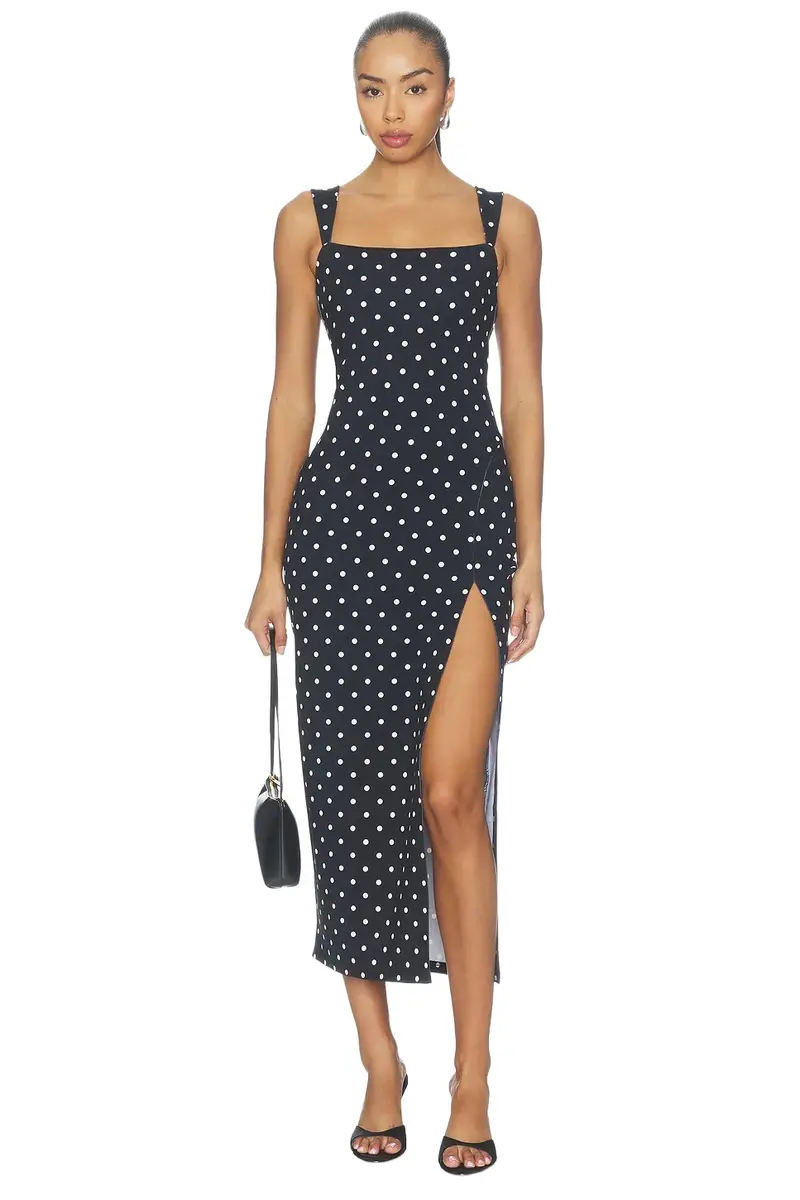 Polka Dot Angle Strap Slit Dress Polka Dot Angle Strap Slit Dress