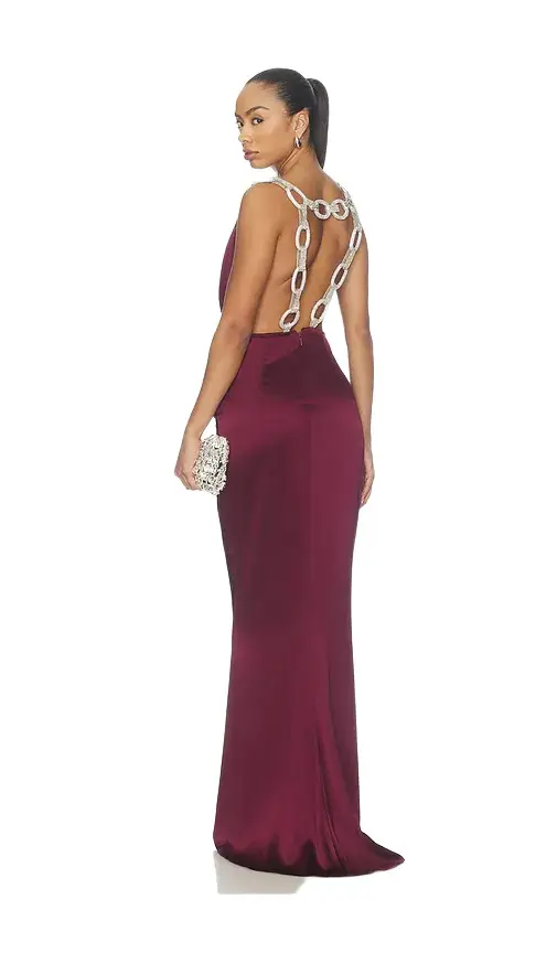 Silky Cowl Neck Gown With Diamond Embellished Back
