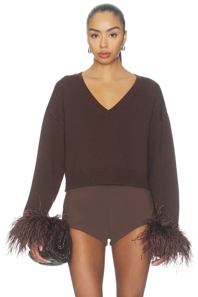 Lapointe Merino Cropped V Neck Sweater With Feather Cuff