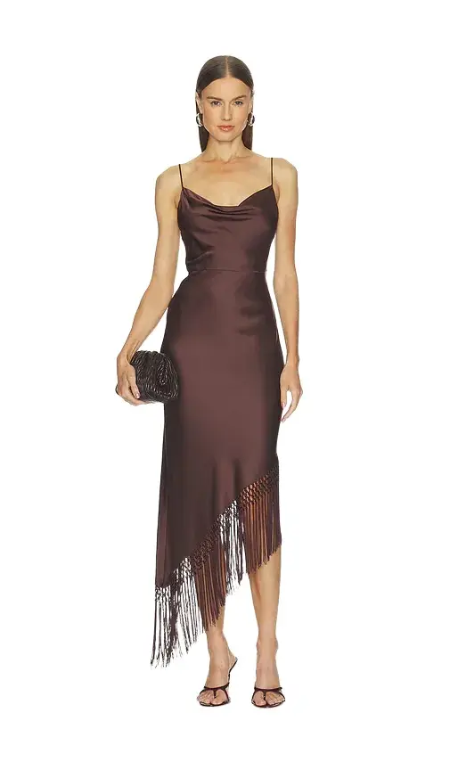 Alice + Olivia Harmony Drapey Slip Asymmetrical Midi Dress With Fringe Alice + Olivia Harmony Drapey Slip Asymmetrical Midi Dress With Fringe