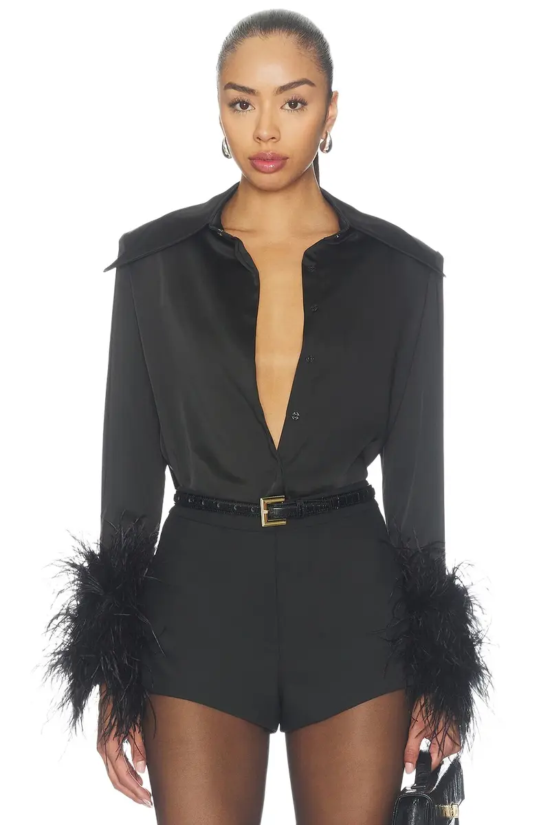 Bronx and Banco Button Down Blouse With Feather Cuffs