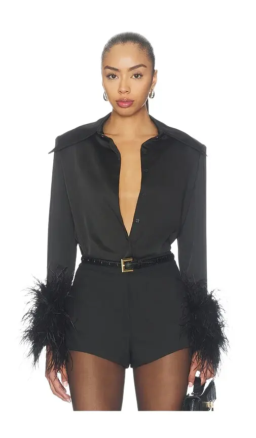 Bronx and Banco Button Down Blouse With Feather Cuffs