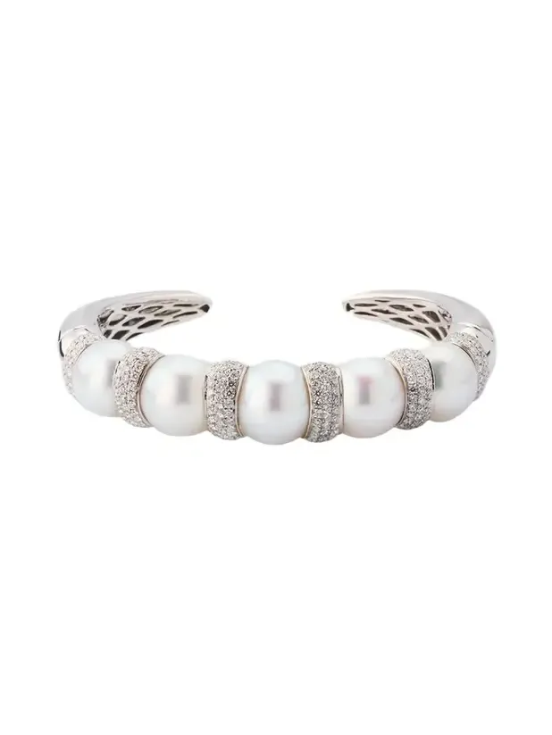 Belpearl Women's 18K White Gold, South Sea Pearl & 2.50 TCW Diamond Hinged Cuff