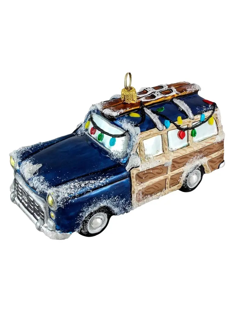 Joy To The World Woody Car with Skies Ornament