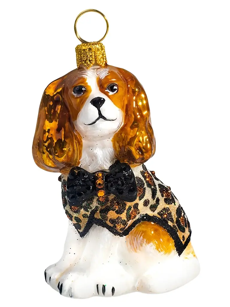 Joy To The World Diva Dog Cav King Blenheim In Coat & Crystal Bow Tie Ornament