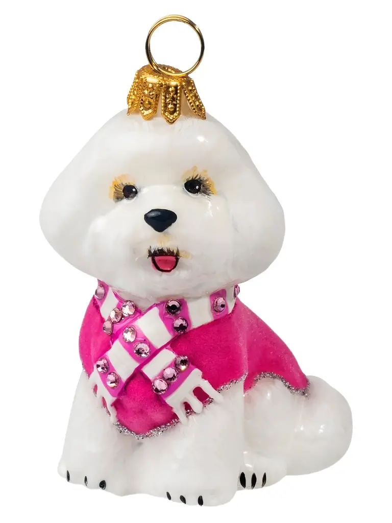 Joy To The World Pet Set Pichon Frise Velvet Coat & Scarf Glass Dog Ornament