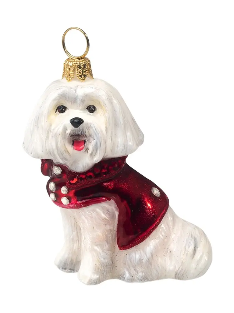 Joy To The World Diva Dog Maltese In Red Peacoat & Crystal Collar Ornament