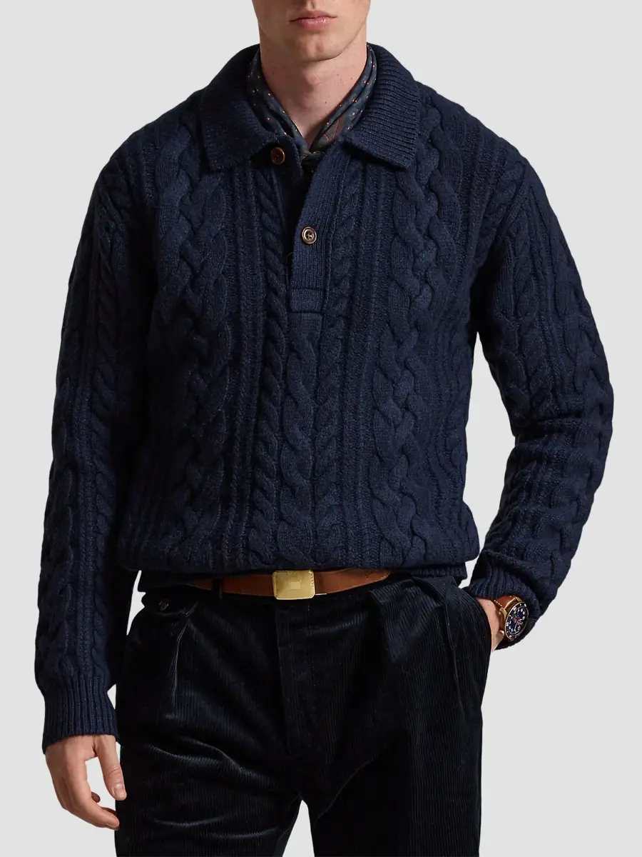 Polo Ralph Lauren Men's Aran-Knit Wool-Blend Polo-Collar Sweater | Thumbnail 4 Polo Ralph Lauren Men's Aran-Knit Wool-Blend Polo-Collar Sweater | Thumbnail 4