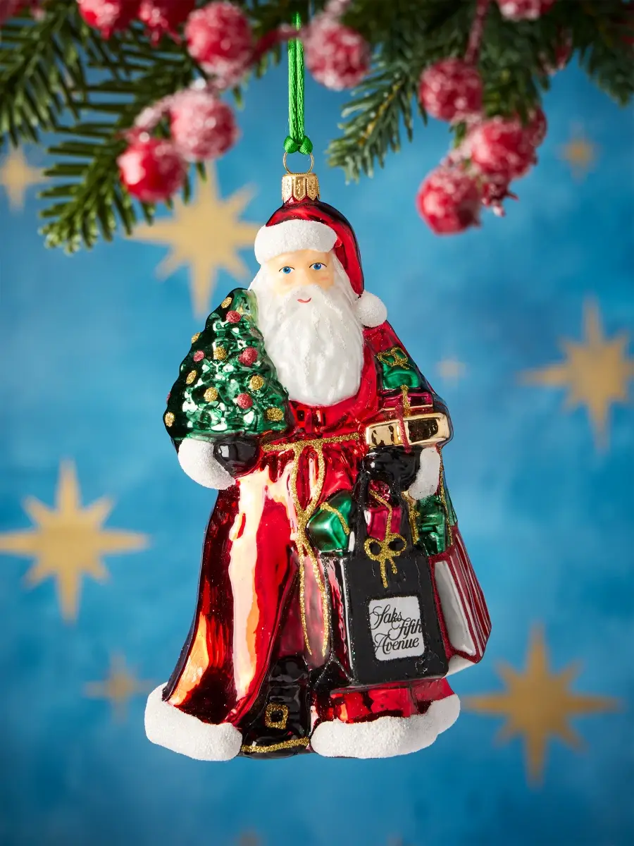 Glassware Art Studio Santa With Shopping Bags & Tree Glass Ornament