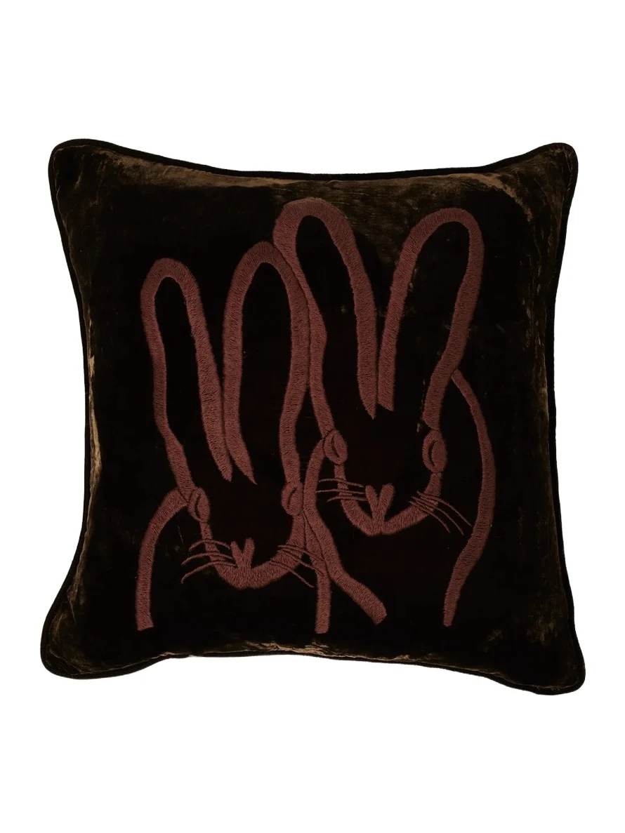 Hunt Slonem Bunny-Embroidered Velvet Pillow