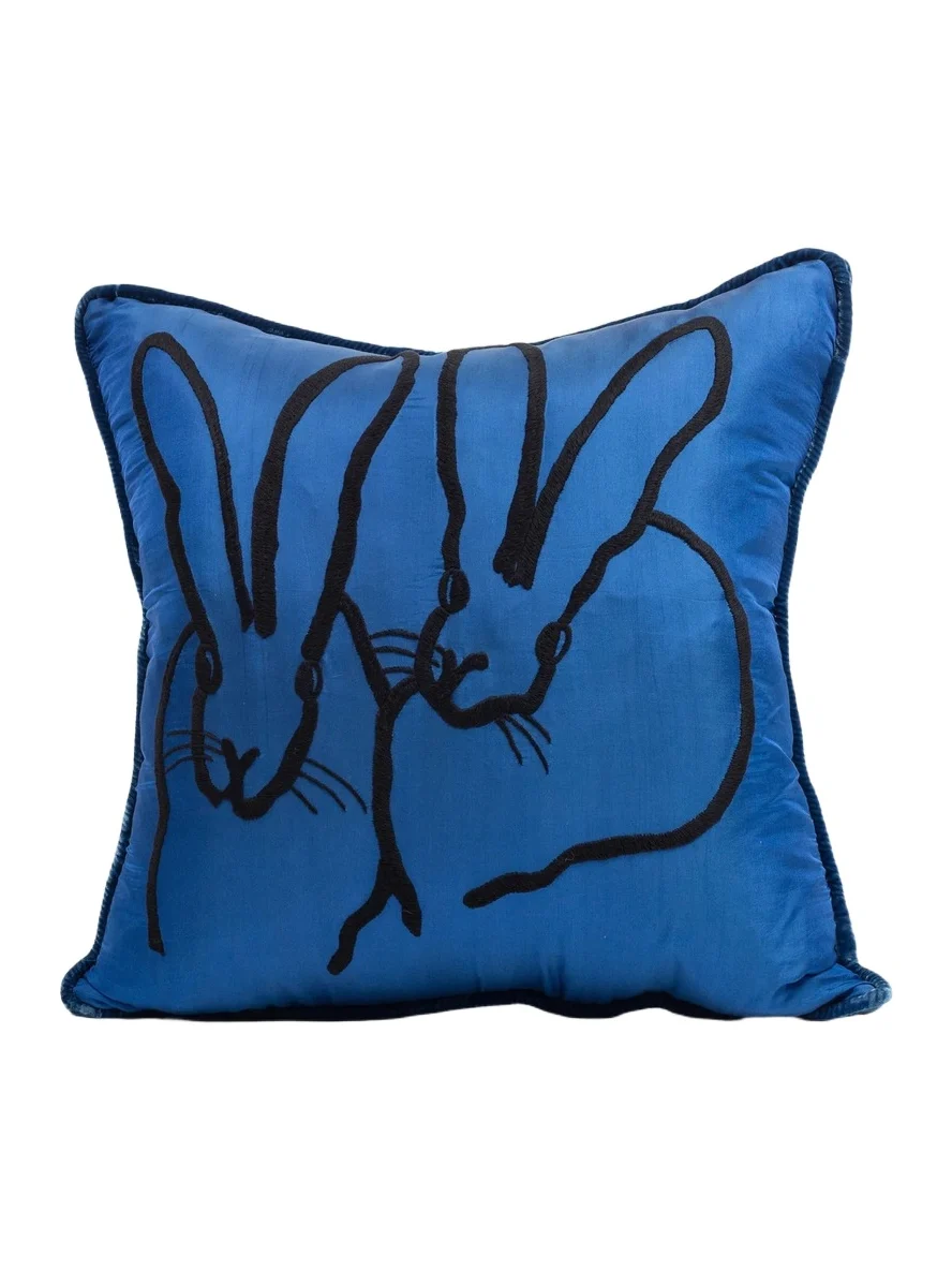 Hunt Slonem Bunny-Embroidered Silk & Velvet Pillow - Blue