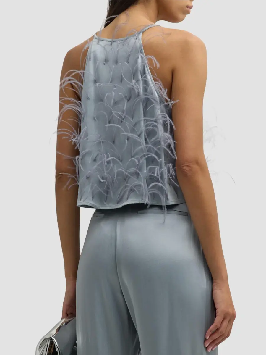 Lapointe Women's Doublefaced-Satin & Feather Halterneck Cropped Camisole | Thumbnail 3 Lapointe Women's Doublefaced-Satin & Feather Halterneck Cropped Camisole | Thumbnail 3