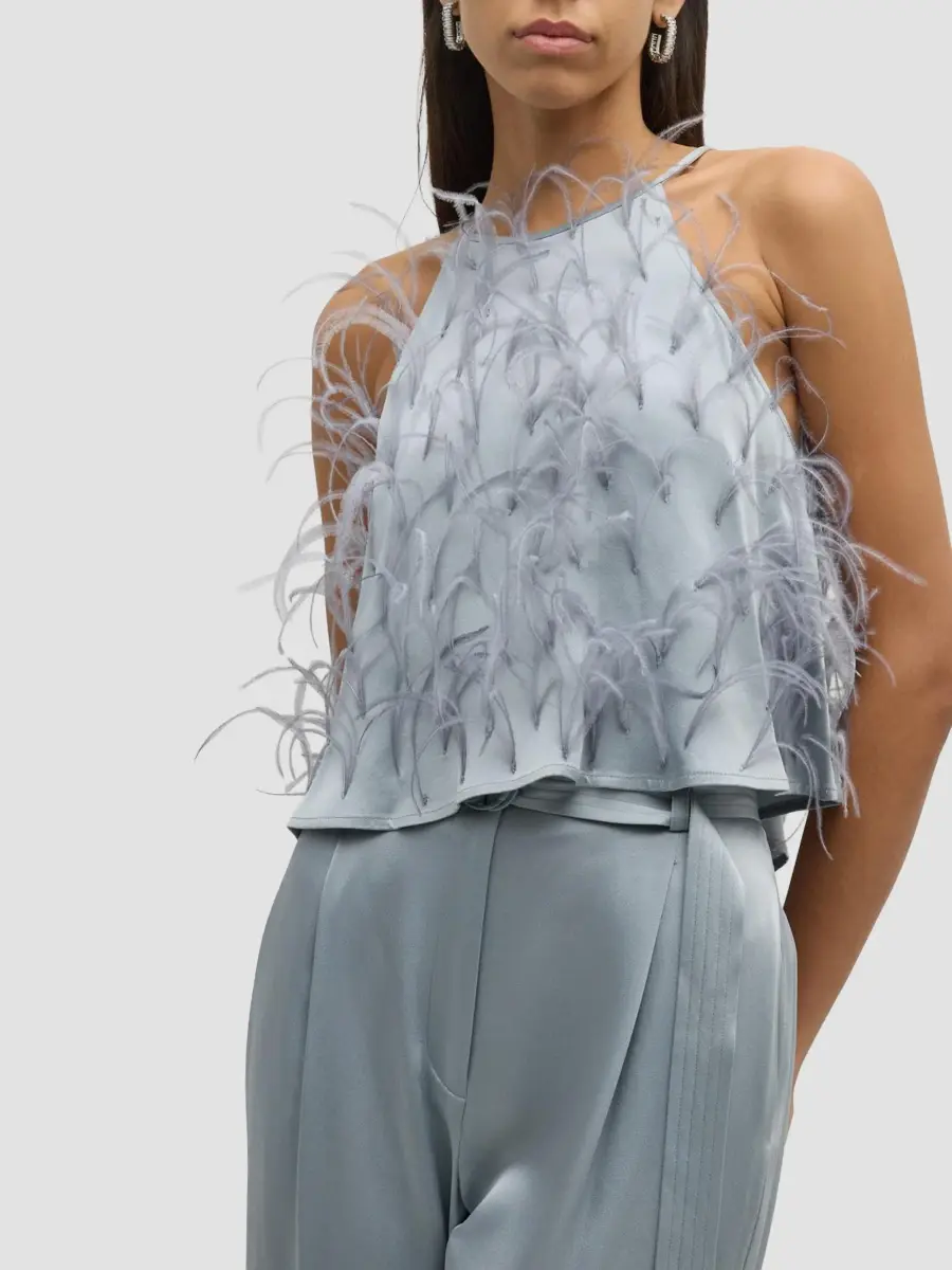 Lapointe Women's Doublefaced-Satin & Feather Halterneck Cropped Camisole | Thumbnail 6 Lapointe Women's Doublefaced-Satin & Feather Halterneck Cropped Camisole | Thumbnail 6