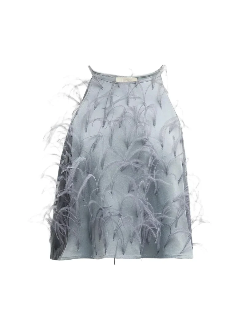 Lapointe Women's Doublefaced-Satin & Feather Halterneck Cropped Camisole