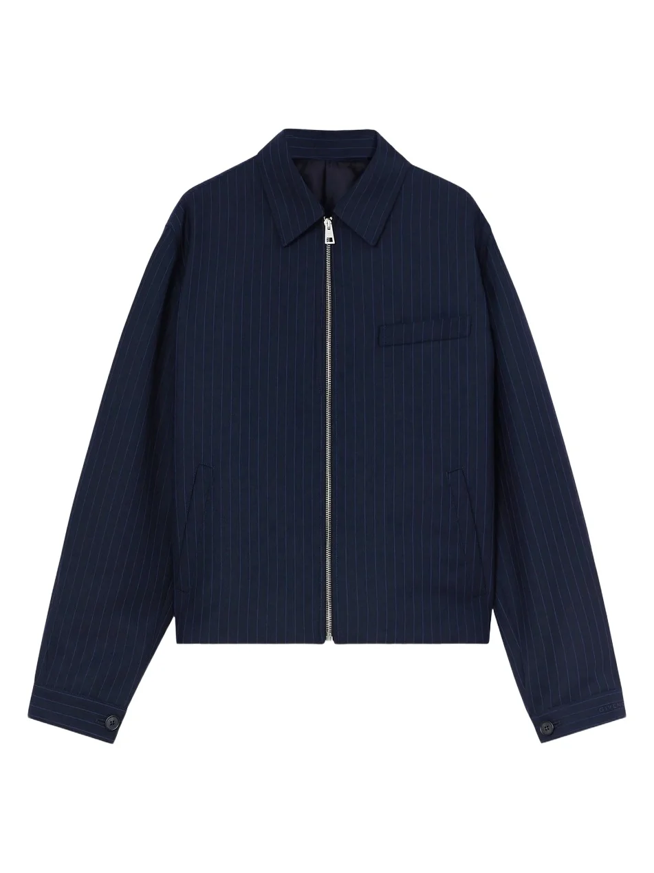 Men's Couture Seam Zipped Striped Blouson Jacket in Wool - Navy Blue Men's Couture Seam Zipped Striped Blouson Jacket in Wool - Navy Blue