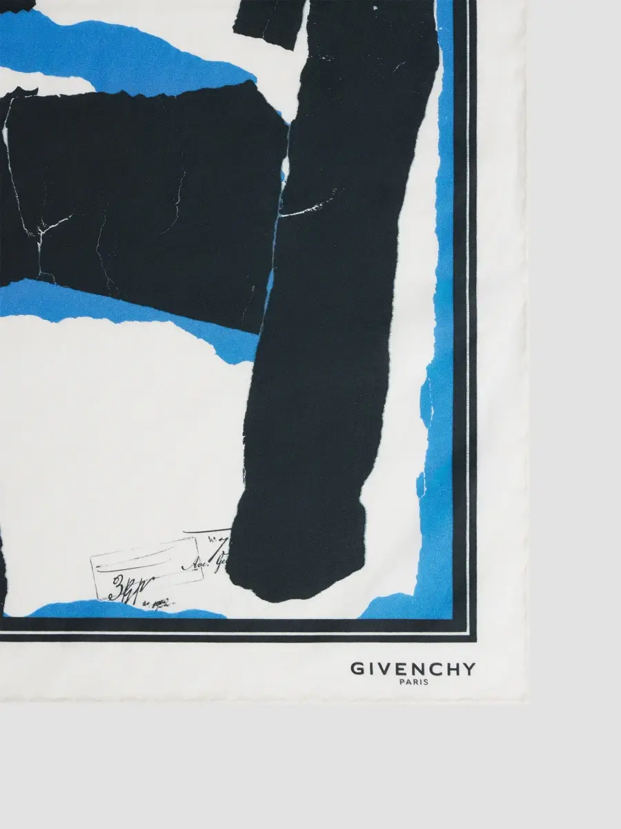 Givenchy Men's Small Square Scarf in Cotton and Silk with Collage Print - White Blue | Thumbnail 3