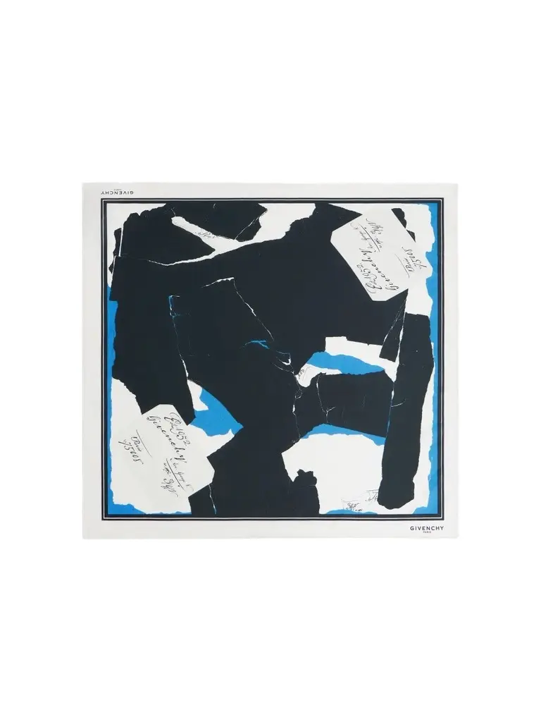 Givenchy Men's Small Square Scarf in Cotton and Silk with Collage Print - White Blue