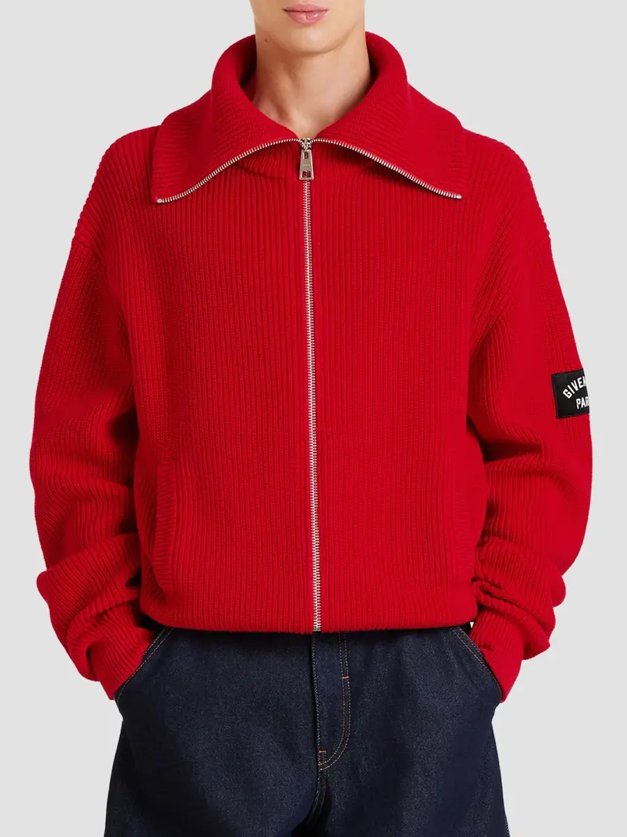 Givenchy Men's Zipped Cardigan in Cotton and Wool - Poppy Red | Thumbnail 3