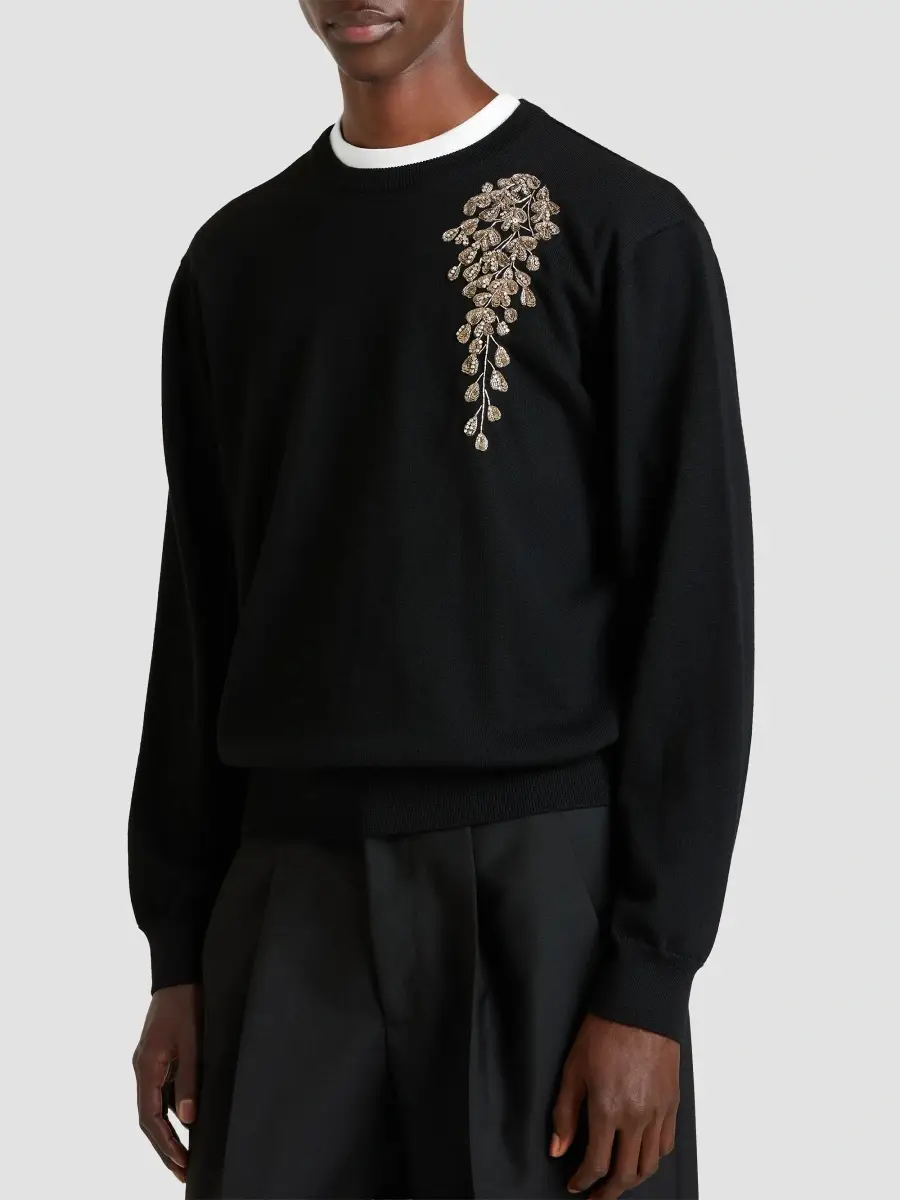 Givenchy Men's Sweater in Wool with Pearls and Sequins Embroidery - Black | Thumbnail 4 Givenchy Men's Sweater in Wool with Pearls and Sequins Embroidery - Black | Thumbnail 4