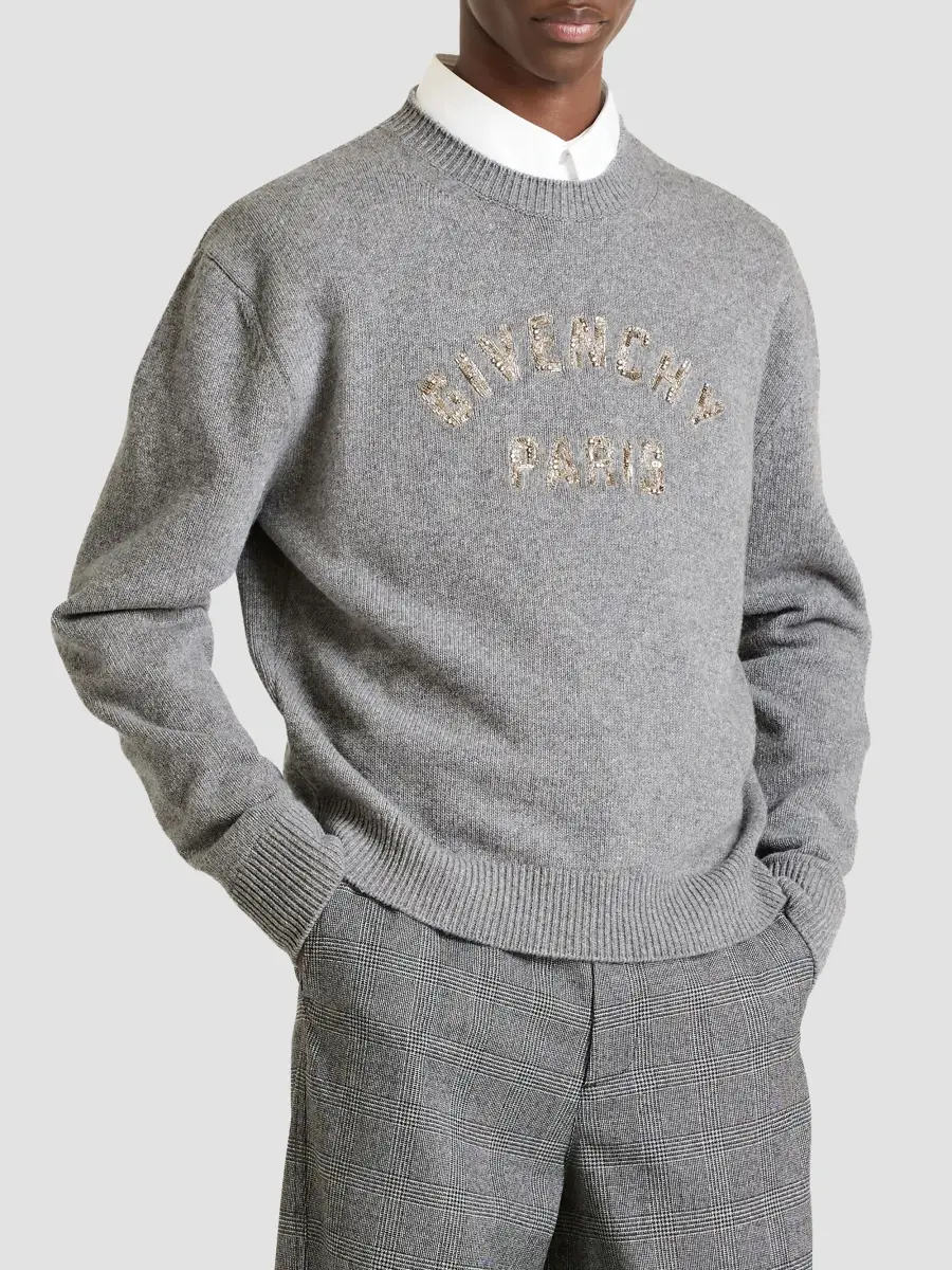 Givenchy Men's Sweater in Wool and Cashmere with Sequins - Light Grey Melange | Thumbnail 4 Givenchy Men's Sweater in Wool and Cashmere with Sequins - Light Grey Melange | Thumbnail 4