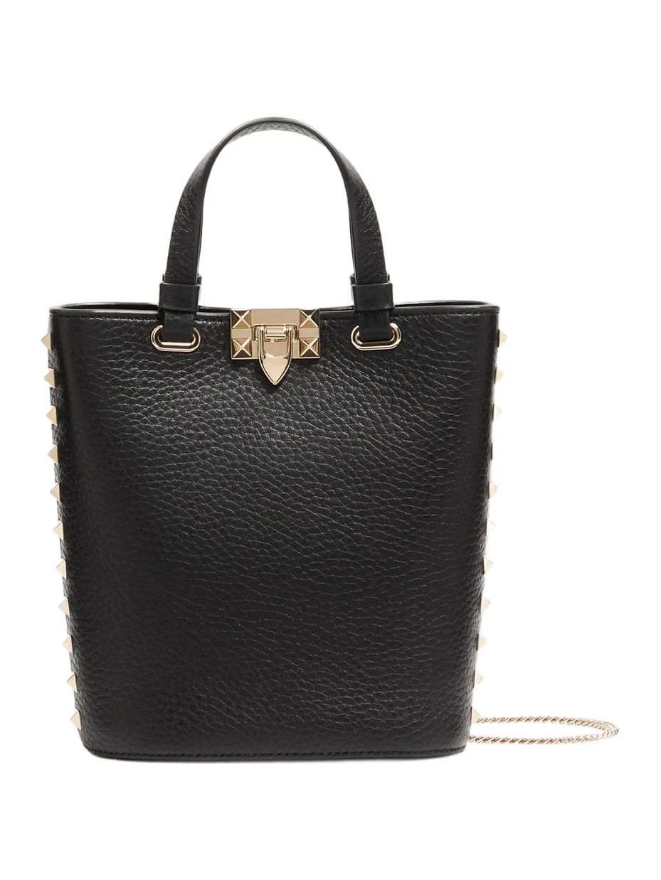 Women's Rockstud MiniTote Bag in Grainy Calfskin - Black