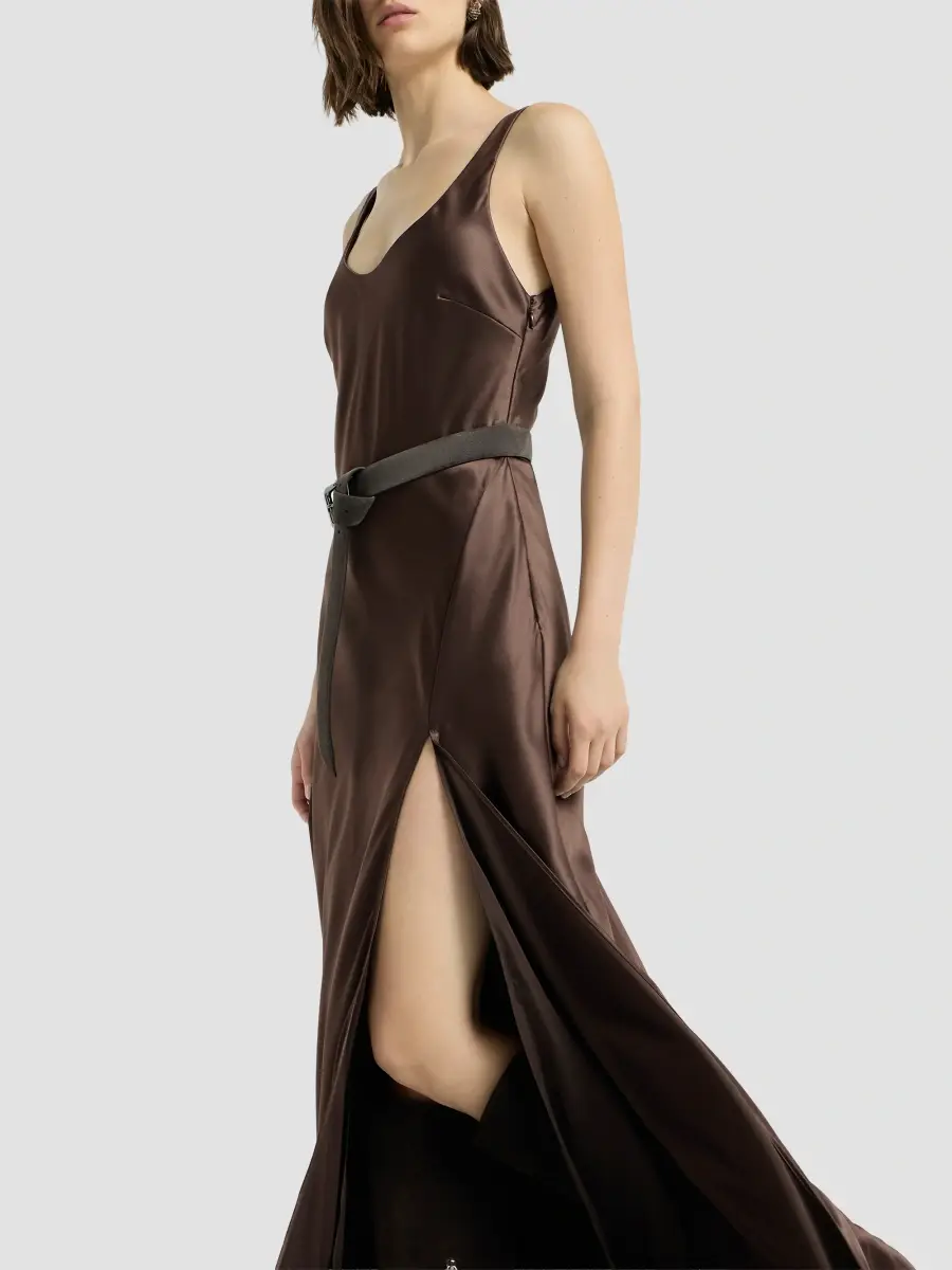Brunello Cucinelli Women's Stretch Silk Satin Long Dress | Thumbnail 4