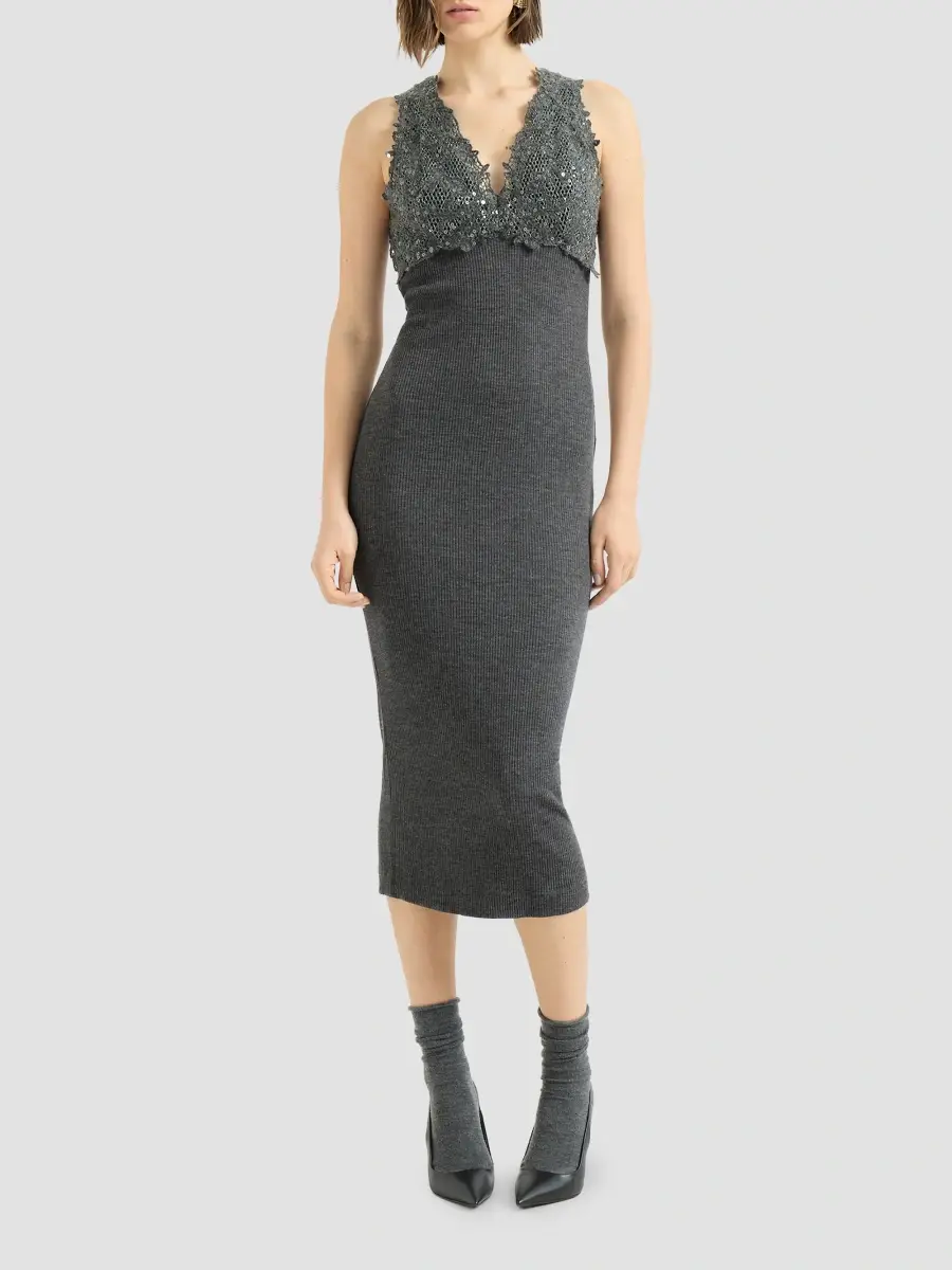 Brunello Cucinelli Women's Ribbed Wool Jersey Dress with Dazzling Lace Embroidery | Thumbnail 3 Brunello Cucinelli Women's Ribbed Wool Jersey Dress with Dazzling Lace Embroidery | Thumbnail 3