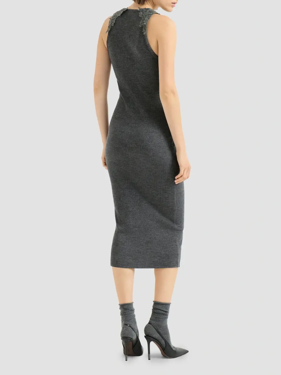 Brunello Cucinelli Women's Ribbed Wool Jersey Dress with Dazzling Lace Embroidery | Thumbnail 4 Brunello Cucinelli Women's Ribbed Wool Jersey Dress with Dazzling Lace Embroidery | Thumbnail 4