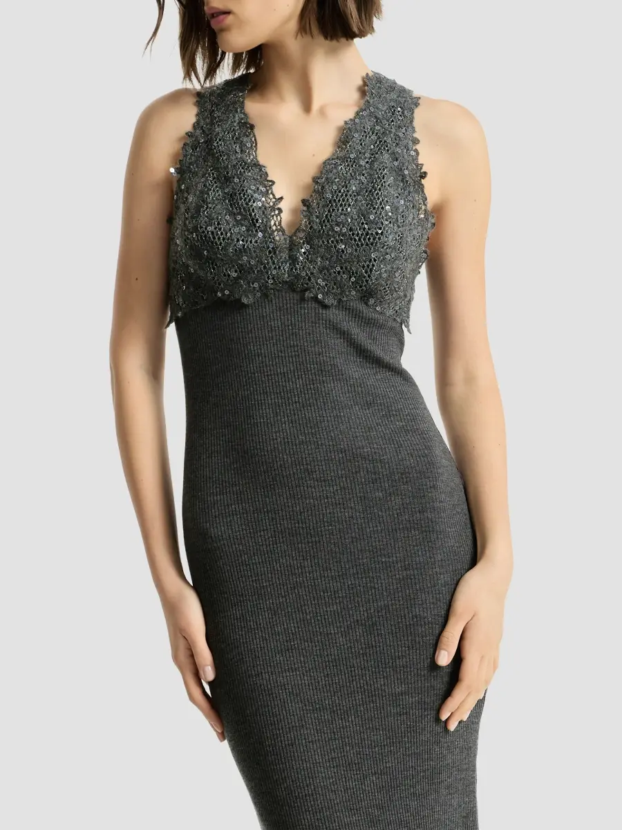 Brunello Cucinelli Women's Ribbed Wool Jersey Dress with Dazzling Lace Embroidery | Thumbnail 5 Brunello Cucinelli Women's Ribbed Wool Jersey Dress with Dazzling Lace Embroidery | Thumbnail 5