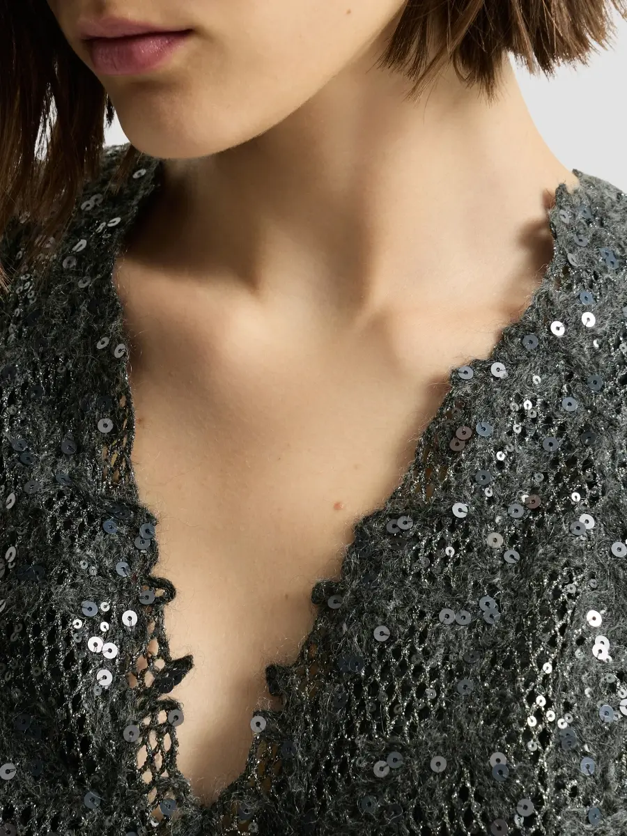 Brunello Cucinelli Women's Ribbed Wool Jersey Dress with Dazzling Lace Embroidery | Thumbnail 6 Brunello Cucinelli Women's Ribbed Wool Jersey Dress with Dazzling Lace Embroidery | Thumbnail 6