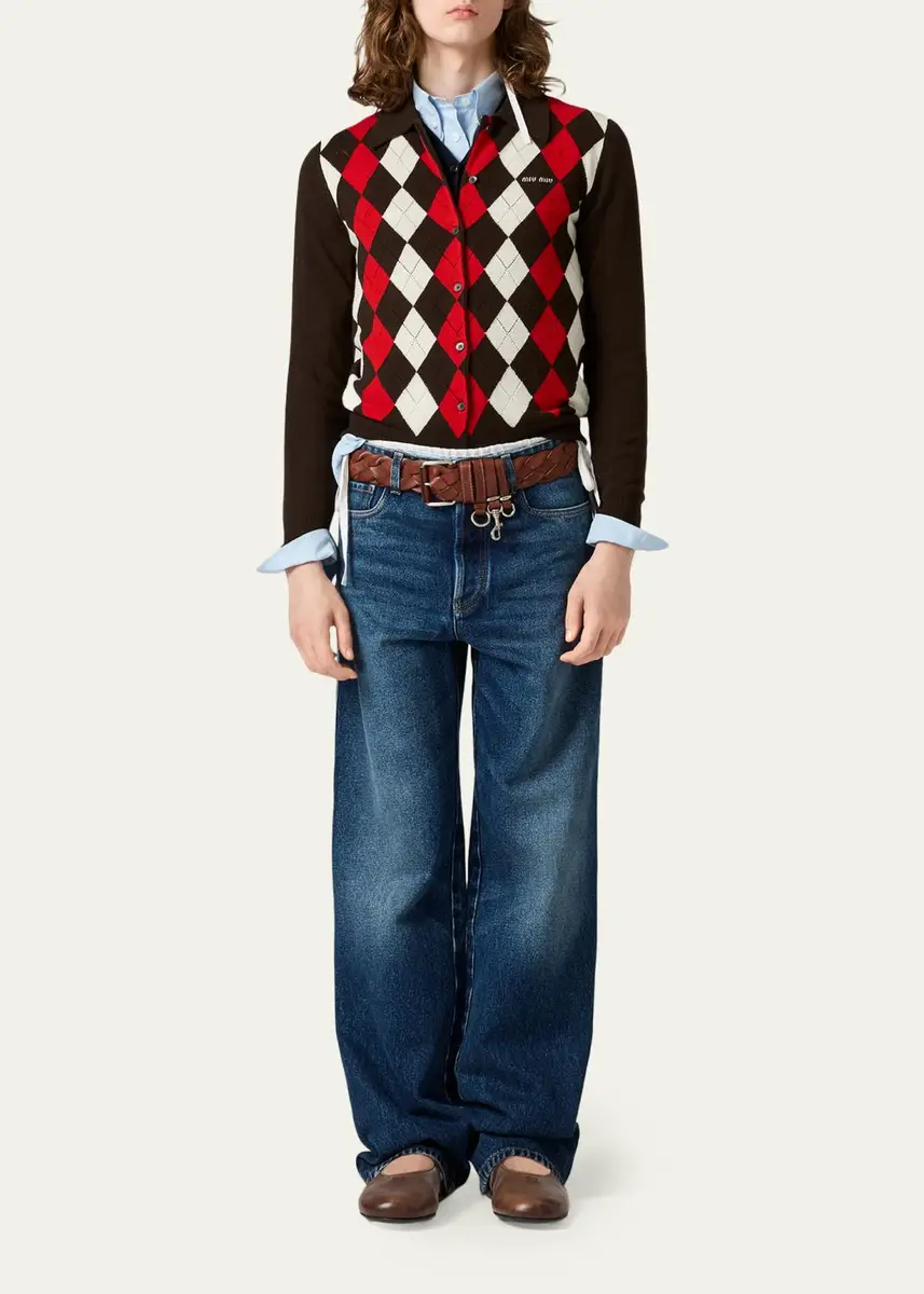 Miu Miu Argyle Cashmere Knit Collared Cardigan | Thumbnail 2 Miu Miu Argyle Cashmere Knit Collared Cardigan | Thumbnail 2