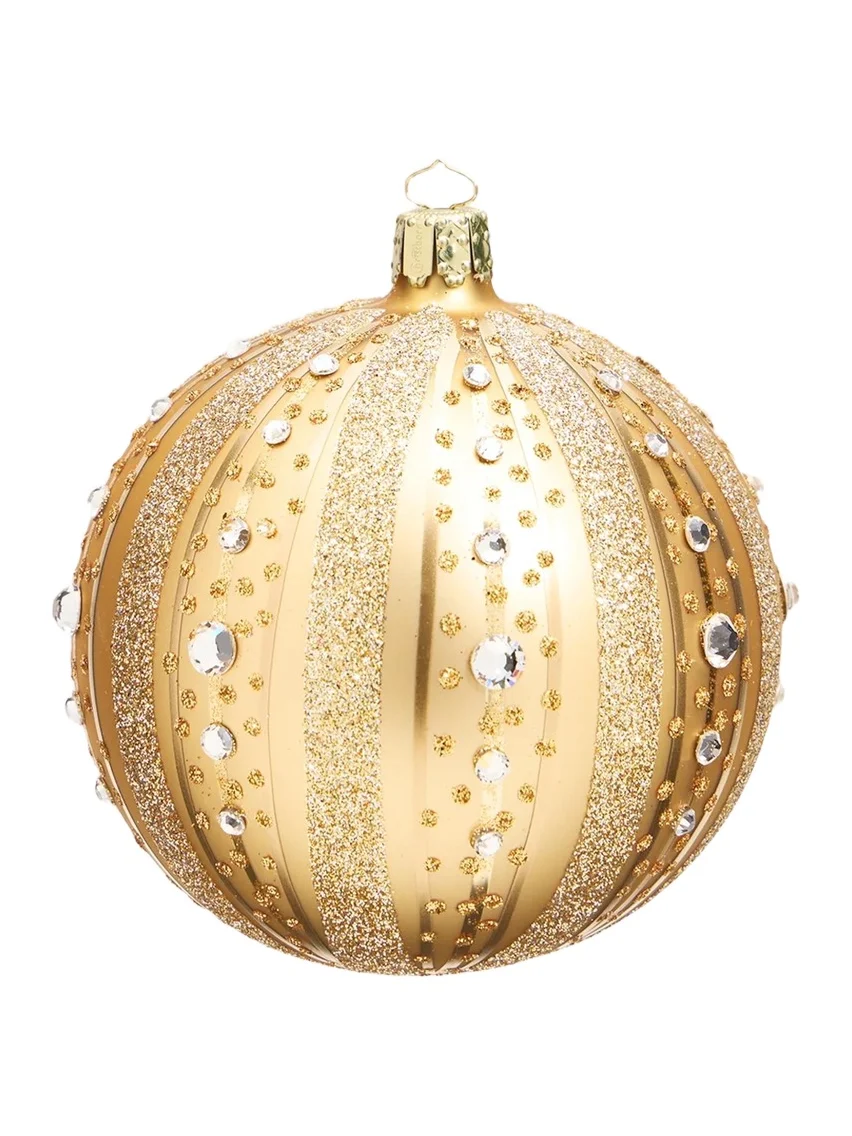 Bergdorf Goodman Glitter & Rhinestone Stripes on Gold Ball Christmas Ornament