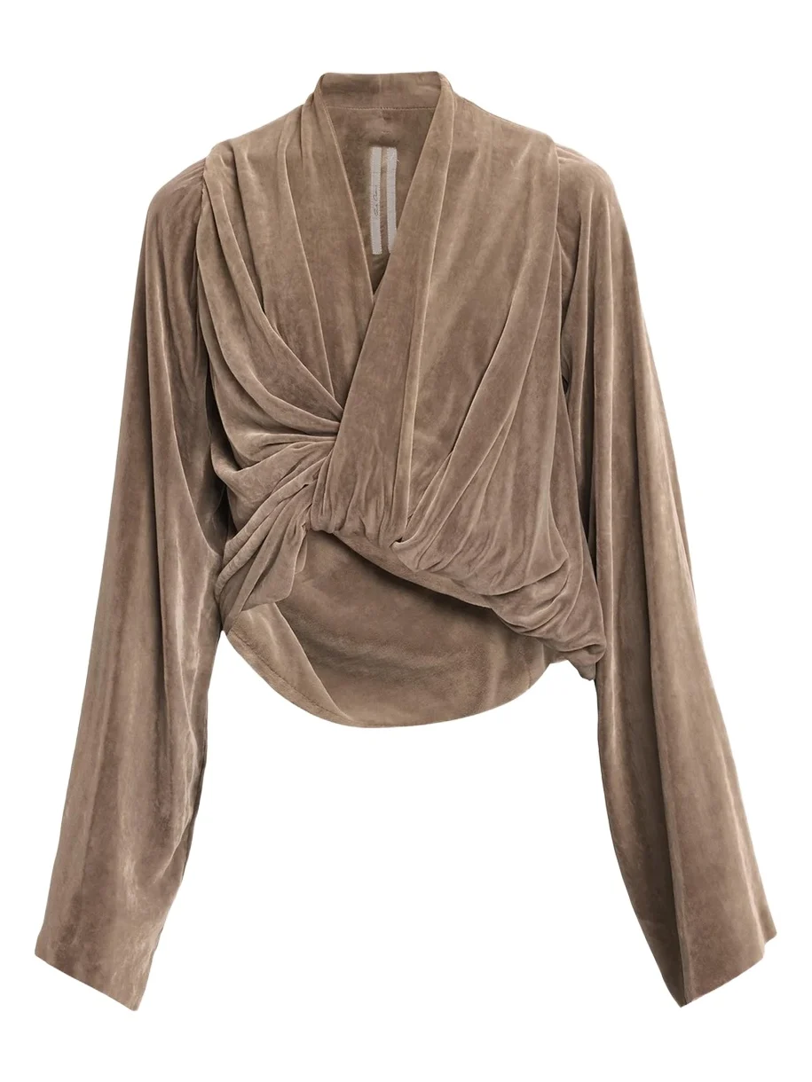 Rick Owens Flare-Sleeve Twisted Velvet Crop Top