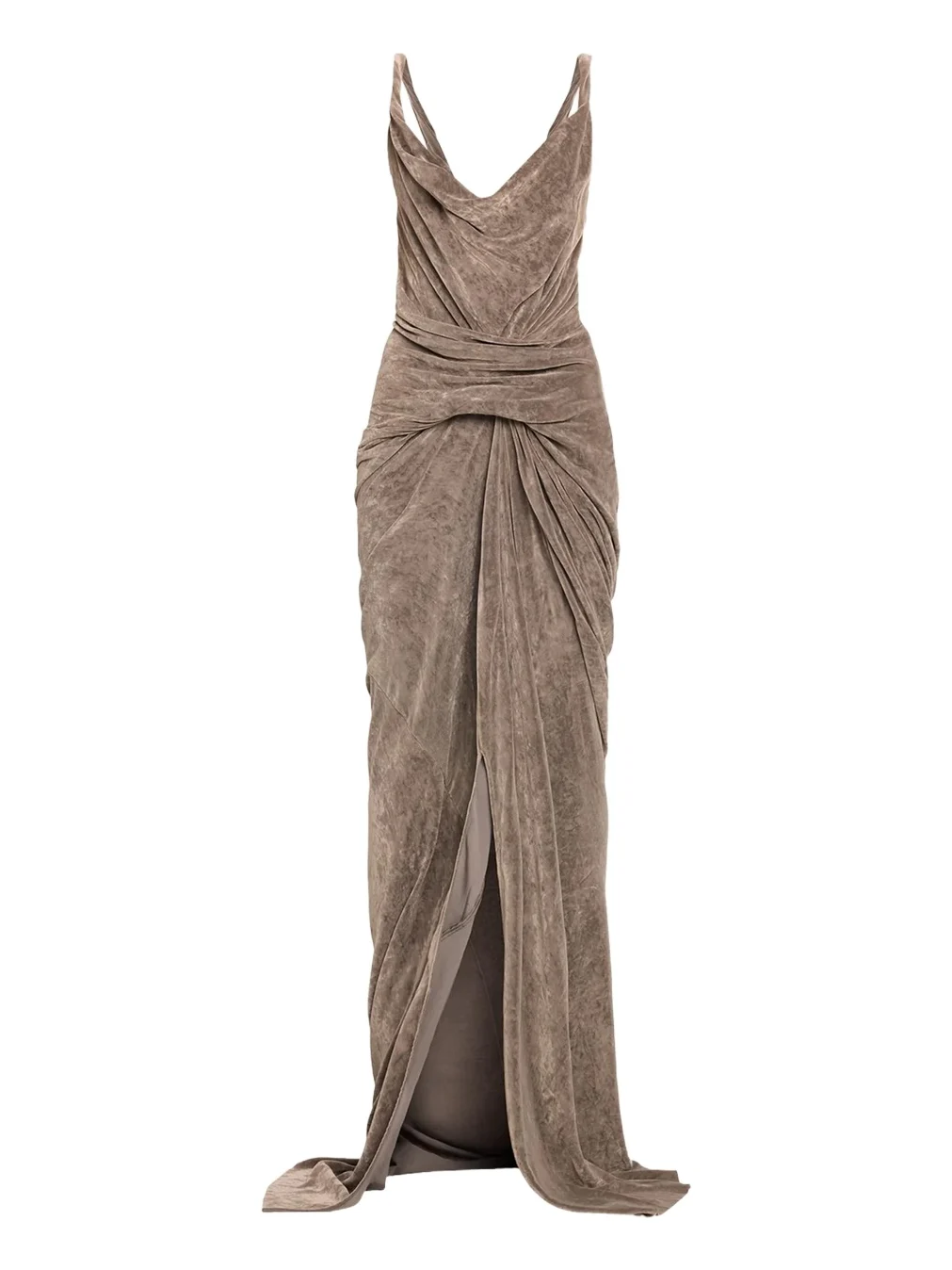 Rick Owens Strutter Twisted Drape Velvet Slit Maxi Dress