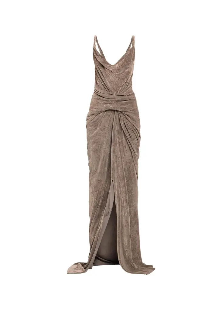 Strutter Twisted Drape Velvet Slit Maxi Dress Strutter Twisted Drape Velvet Slit Maxi Dress