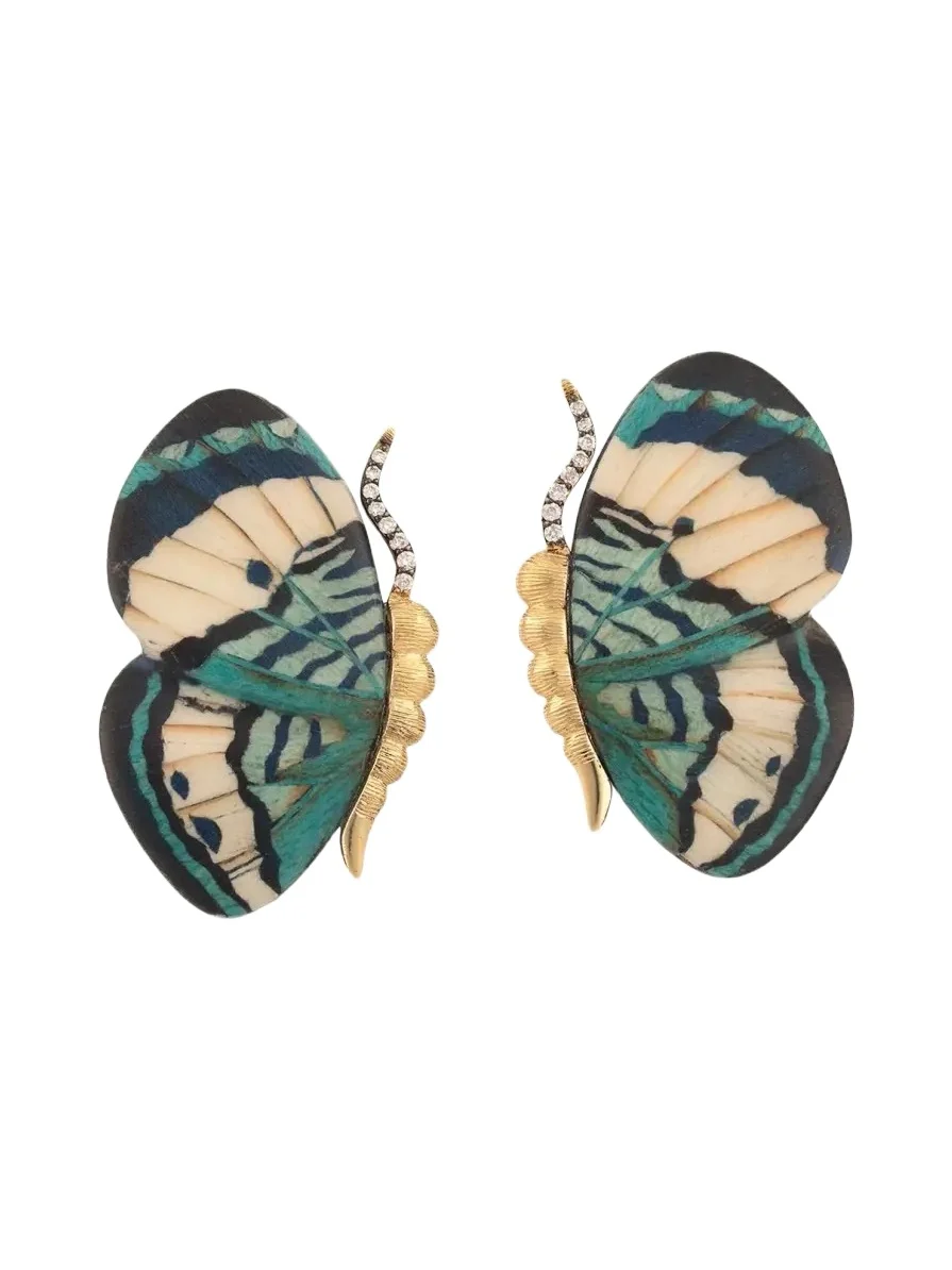 18K Yellow Gold Extra-Small Butterfly Wing Blue Marquetry Earrings with Diamonds