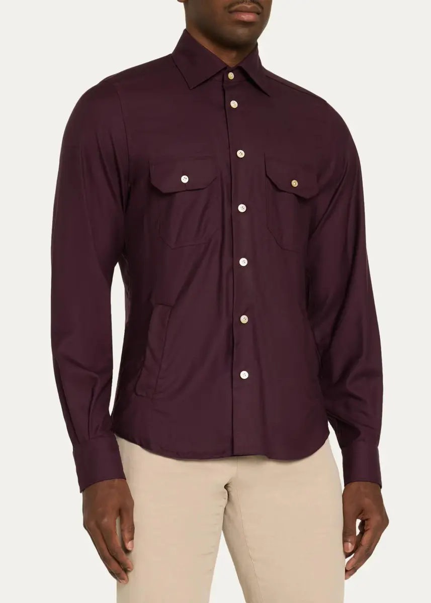 Kiton Men's Cashmere Flannel Button-Front Shirt | Thumbnail 4 Kiton Men's Cashmere Flannel Button-Front Shirt | Thumbnail 4