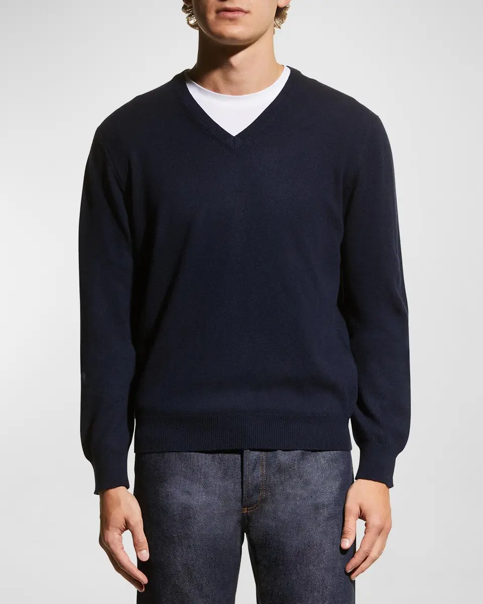 Neiman Marcus Men's Wool-Cashmere Knit V-Neck Sweater | Thumbnail 4
