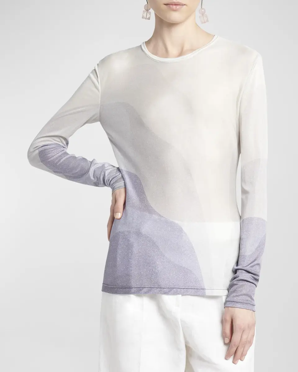 Giorgio Armani Wave-Print Long-Sleeve Metallic Silk Jersey Knit Top | Thumbnail 2 Giorgio Armani Wave-Print Long-Sleeve Metallic Silk Jersey Knit Top | Thumbnail 2