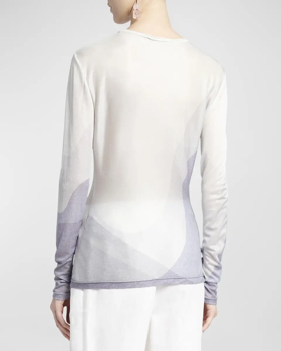 Giorgio Armani Wave-Print Long-Sleeve Metallic Silk Jersey Knit Top | Thumbnail 6 Giorgio Armani Wave-Print Long-Sleeve Metallic Silk Jersey Knit Top | Thumbnail 6