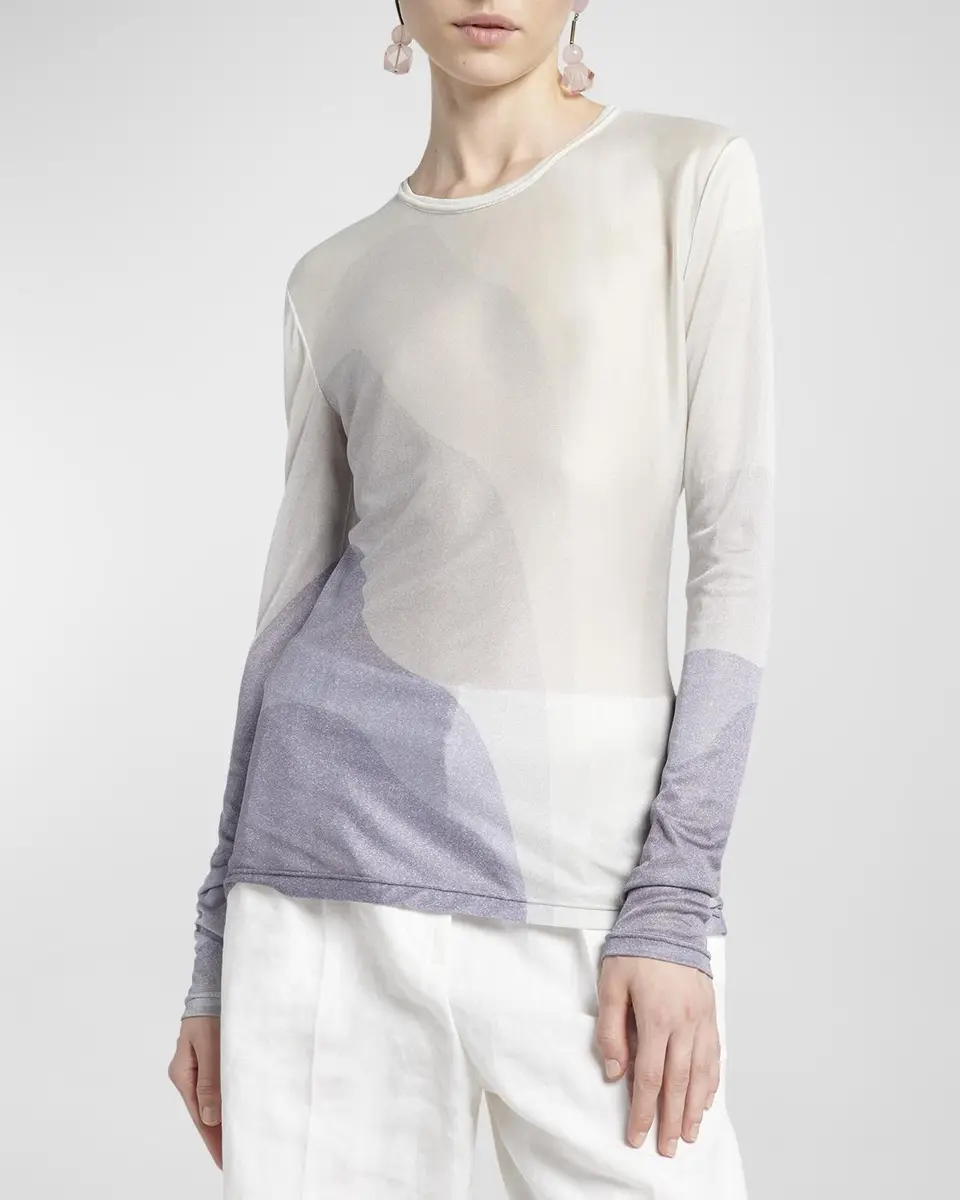 Giorgio Armani Wave-Print Long-Sleeve Metallic Silk Jersey Knit Top | Thumbnail 7 Giorgio Armani Wave-Print Long-Sleeve Metallic Silk Jersey Knit Top | Thumbnail 7