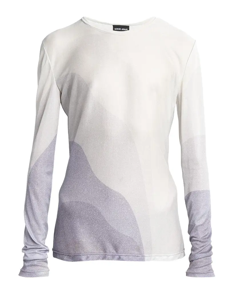 Giorgio Armani Wave-Print Long-Sleeve Metallic Silk Jersey Knit Top