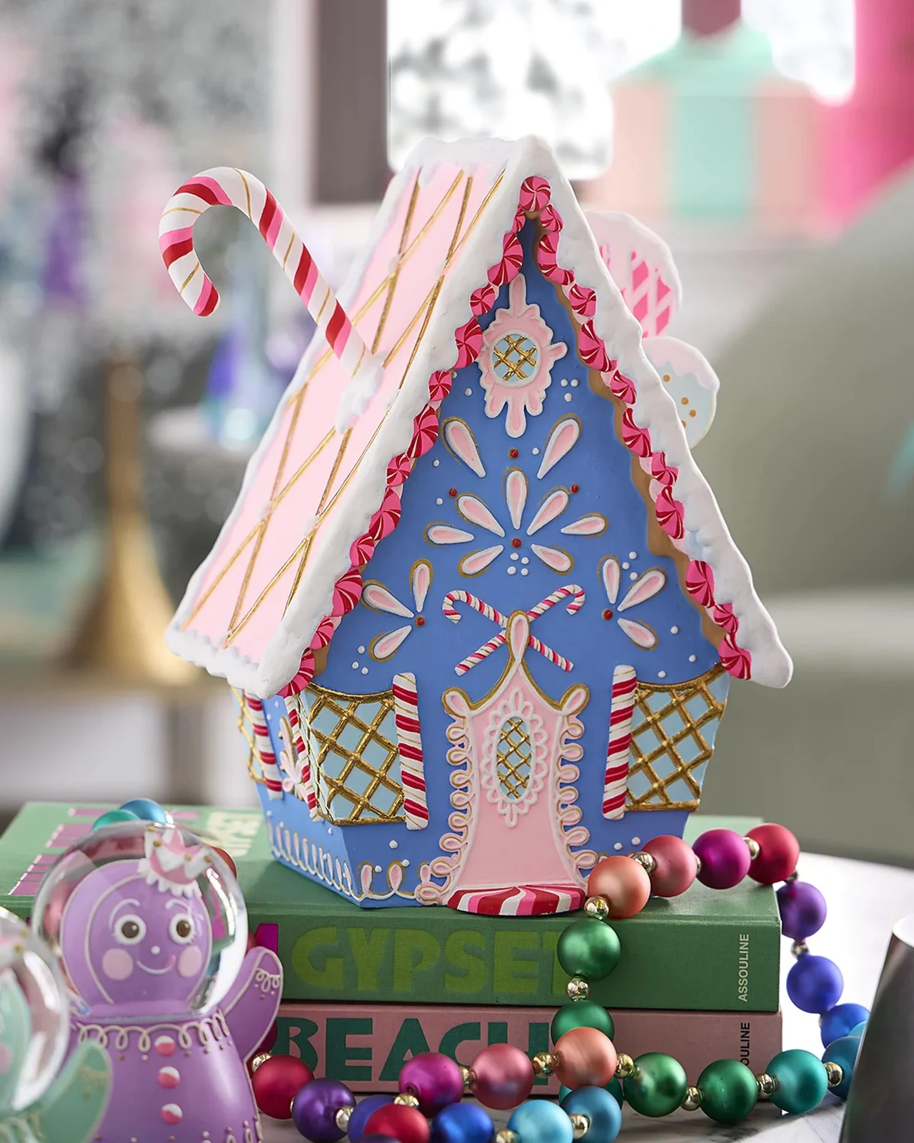 Glitterville Rainbow Gingerbread House Christmas Decoration, Light Blue
