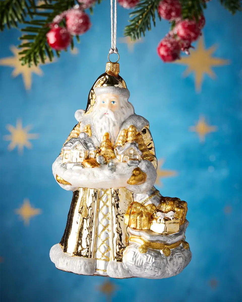 Santa With Little Houses Glass Ornament